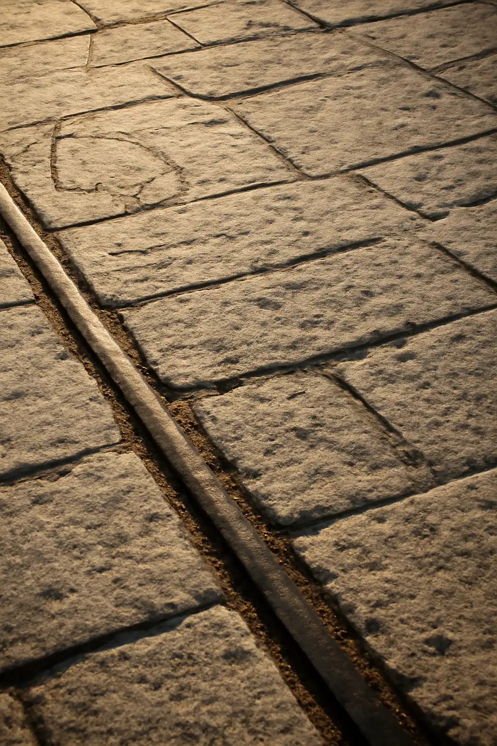 Pavage en pierre patinée d'un quai bordelais avec une ancienne rainure de tramway, éclairé en fin d'après-midi.