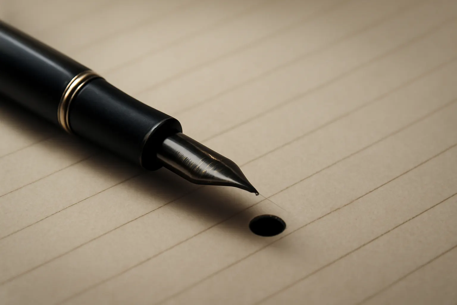 Un stylo plume posé sur du papier de ledger réglé, avec une petite tache d'encre près de la plume.